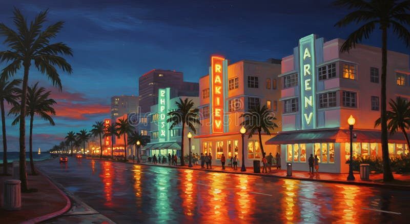 Ocean Drive Art Deco buildings South Beach lit up at dusk